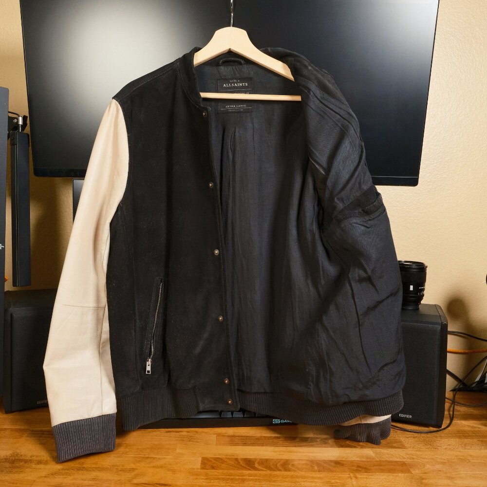 All Saints Two-Tone Bomber Jacket — Black Body with Cream Sleeves XL (fits LG) - Picture 2 of 11